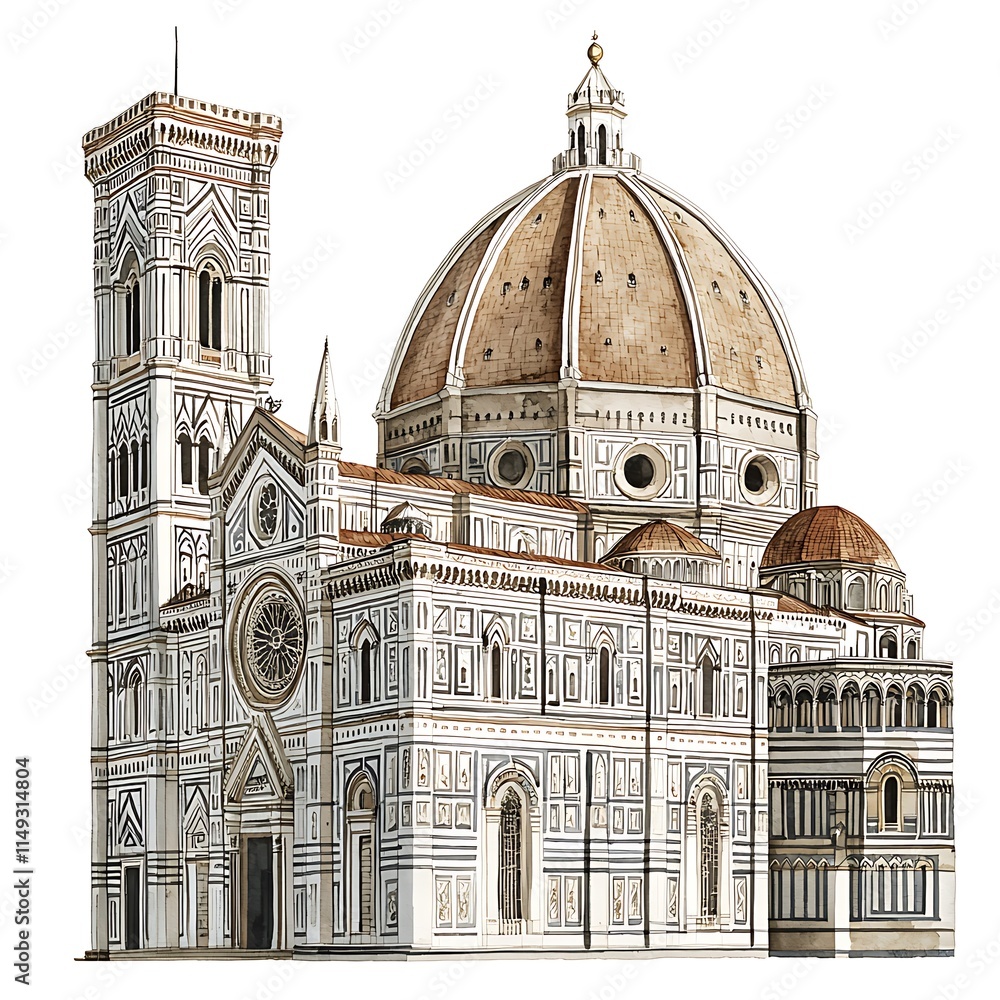 Fototapeta premium Architectural Watercolor Illustration of the Florence Cathedral, Duomo, Italy.