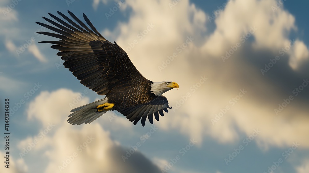 Fototapeta premium Majestic Bald Eagle Soaring Through Cloudy Skies