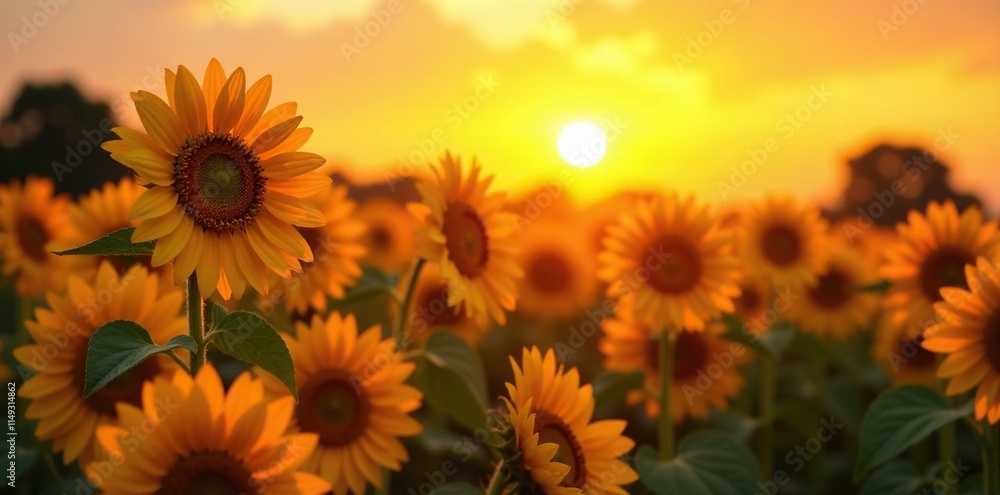 Obraz premium Warm orange tones on a field of tall sunflowers at sunrise, golden light, sunrise