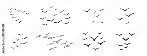Birds flying line in the sky set. Ink grunge flock of birds afar brush hand drawn. markers and crayons