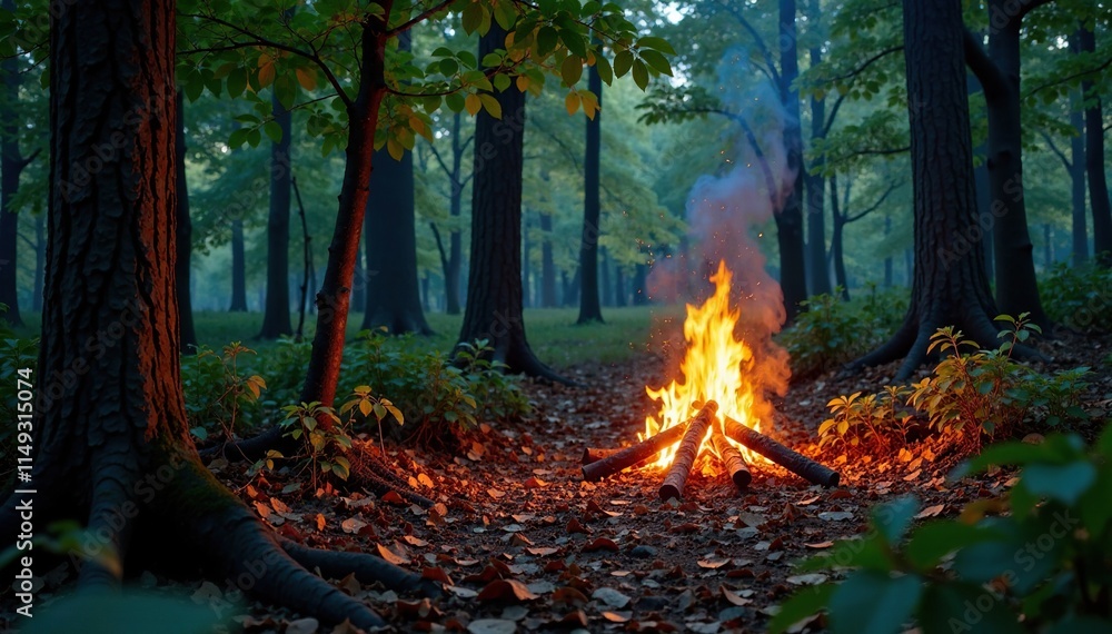 Dense forest canopy with scattered leaves and branches illuminated by warm campfire light, trees, shadows, foliage Dense forest canopy with scattered leaves and branches illuminated by warm campfire light, trees, shadows, foliage