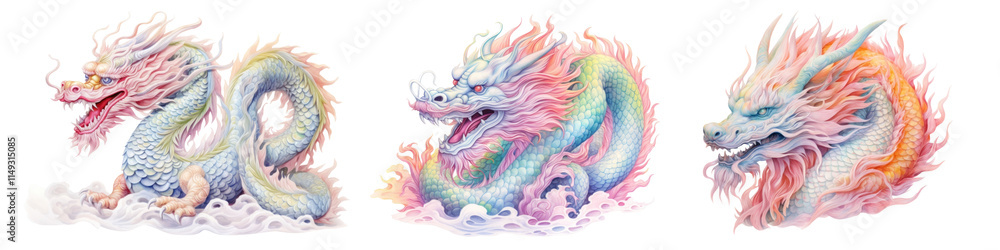 PNG Vibrant mythical dragon illustrations, element set on transparent background PNG Vibrant mythical dragon illustrations, element set on transparent background