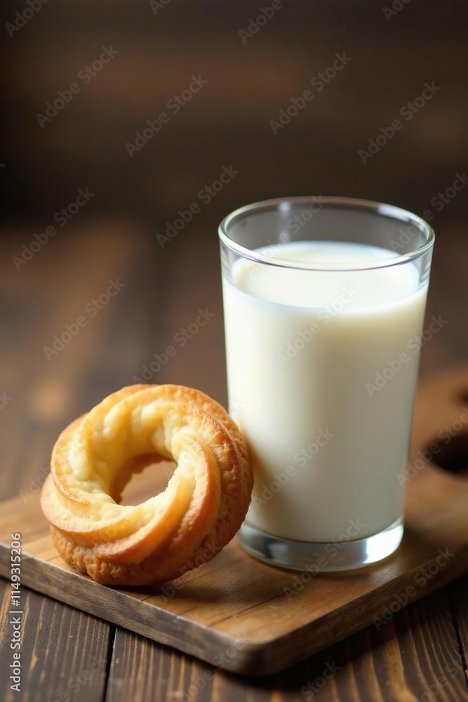 A glass of cold milk and a ring-shaped cookie sit on a rustic wooden background, homebaking, country A glass of cold milk and a ring-shaped cookie sit on a rustic wooden background, homebaking, country