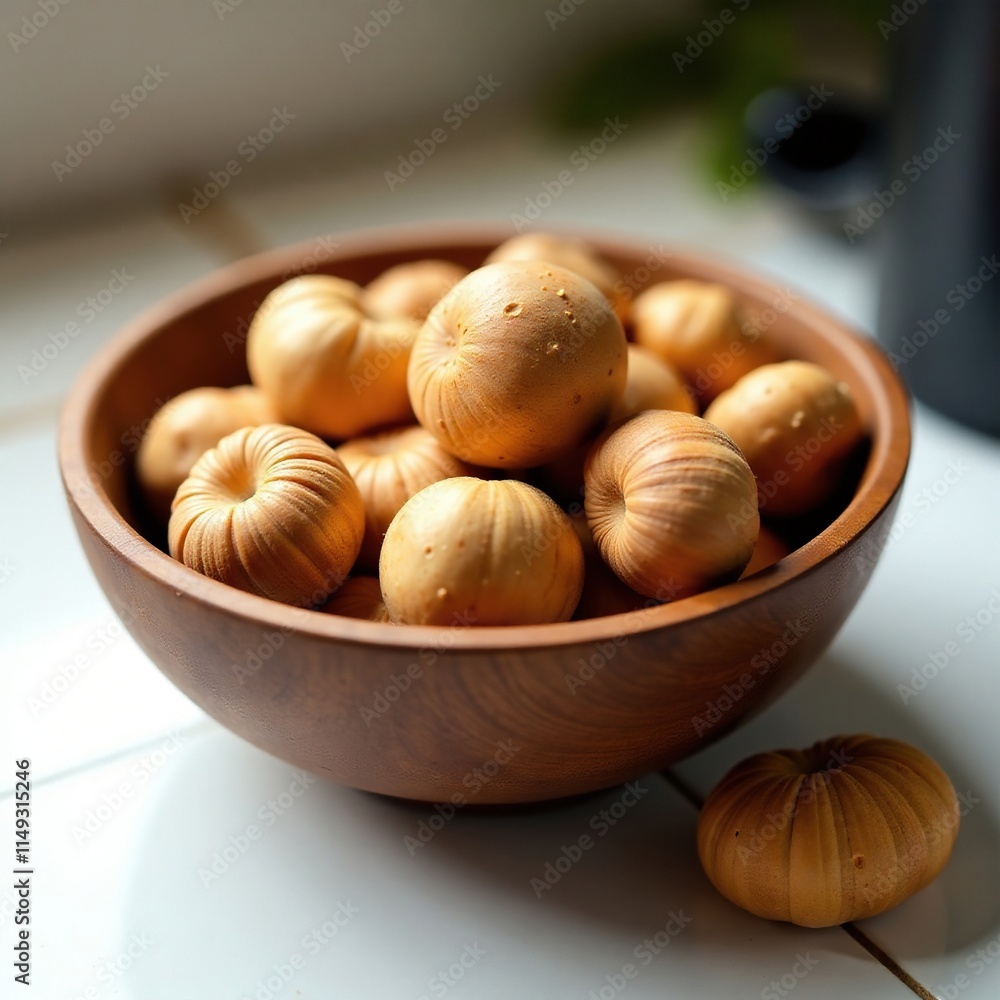 Dried agaric in wooden bowl on white tile top, kitchen, dried Dried agaric in wooden bowl on white tile top, kitchen, dried