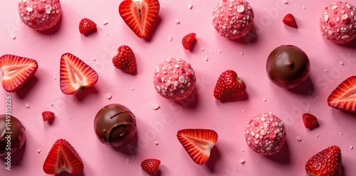 Dried strawberry pieces arranged among chocolate truffles on a vibrant pink background, sweettooth, desertscape photo