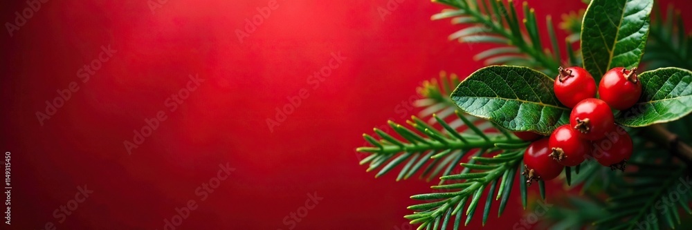 Obraz premium Fir branches with red berries against a warm red background, holly like leaves, evergreen trees,