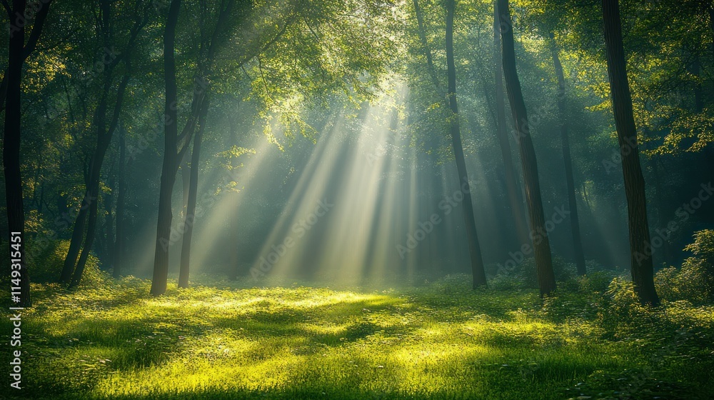 Fototapeta premium Sunbeams through lush forest.