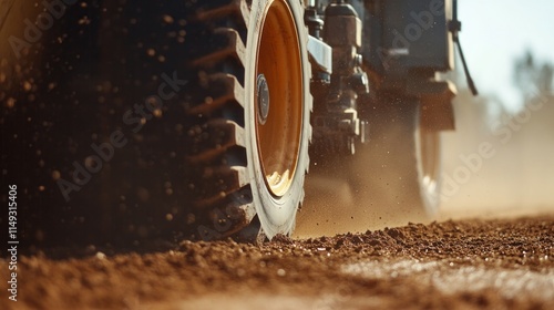 Close-up of a tractor tire on dusty ground. photo