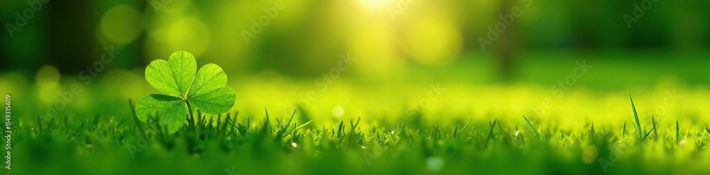 Four leaf clover on a green grassy field with sunlight, sun, leaves, field
