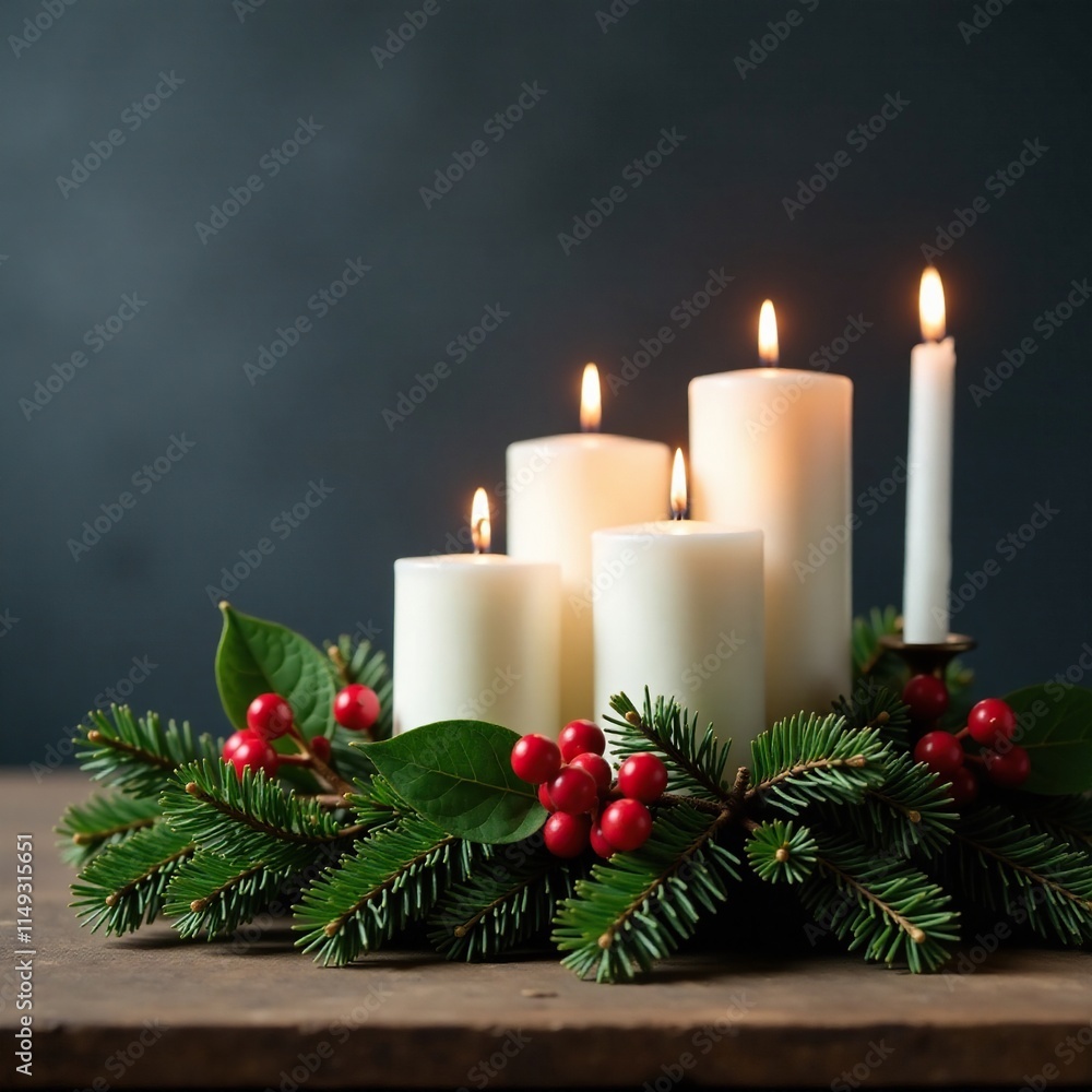 Four candles on fir branches against a dark grey wall with holly, festive centerpiece, Four candles on fir branches against a dark grey wall with holly, festive centerpiece,