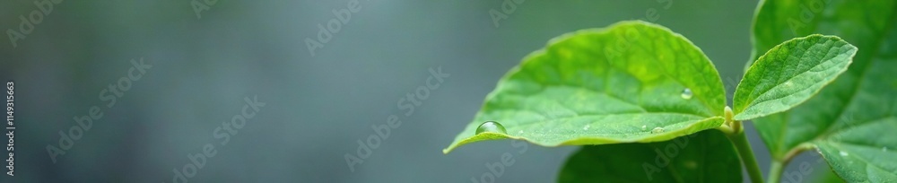 Fototapeta premium Fresh Leaf with Small Water Droplet On Gray Background, nature photography, calming scene, soft focus