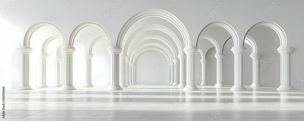 A serene white corridor featuring elegant arches and columns in a minimalist architectural space. A serene white corridor featuring elegant arches and columns in a minimalist architectural space.