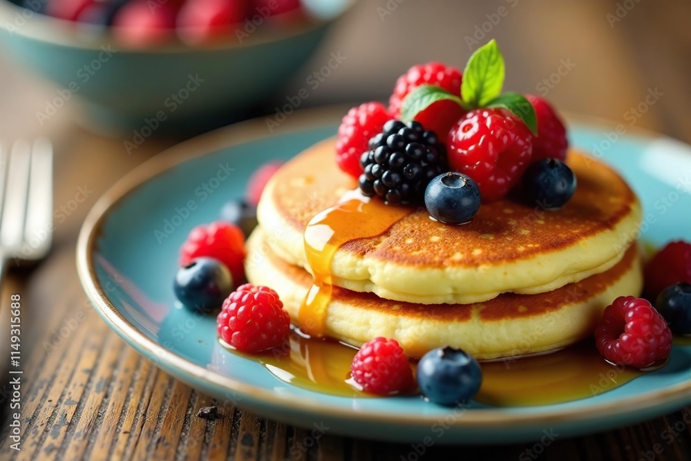 A single fluffy pancake topped with fresh mixed berries and drizzled with syrup, plate, dessert A single fluffy pancake topped with fresh mixed berries and drizzled with syrup, plate, dessert