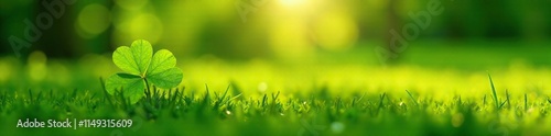 Obraz na płótnie Four leaf clover on a green grassy field with sunlight, sun, leaves, field w salonie