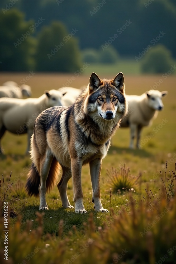 Gray wolf in a field of sheep, with its fur blending in with the surroundings, waiting for prey, rural landscape, countryside Gray wolf in a field of sheep, with its fur blending in with the surroundings, waiting for prey, rural landscape, countryside