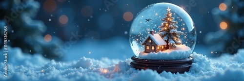 Icy snow globe with a miniature winter wonderland inside, frozen world inside, snowflake decorations, sparkly interior