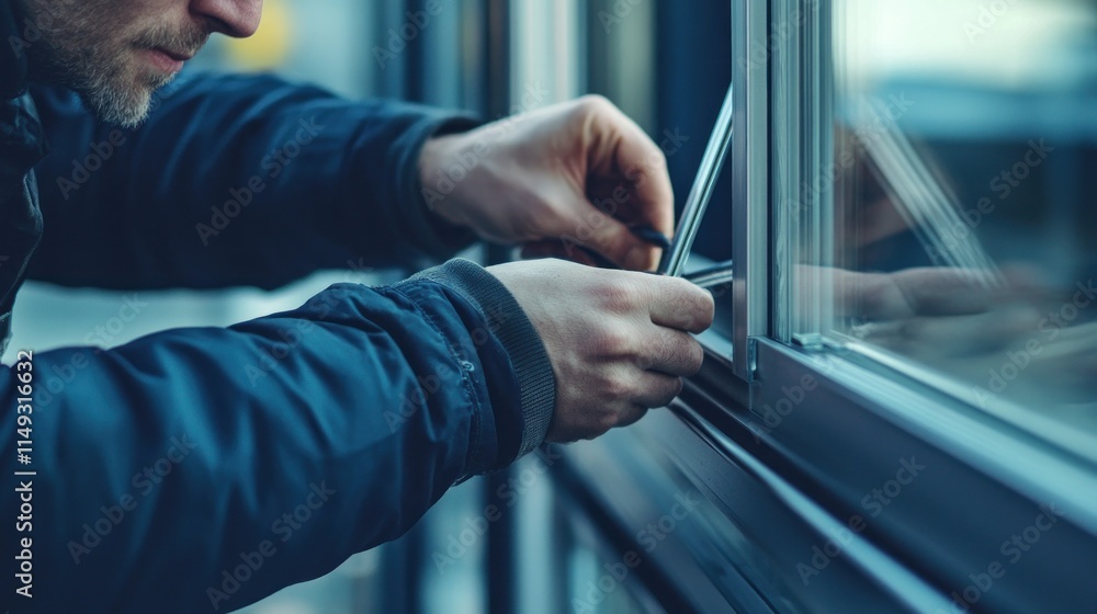 Fototapeta premium Man repairing window seal with a tool.