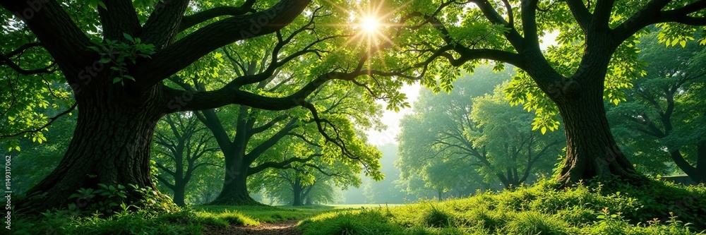 Obraz premium Dense forest canopy with sprawling oak branches, foliage, trees