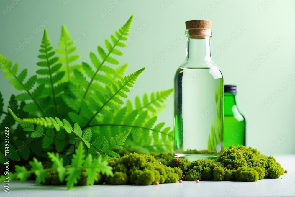refined clear glass bottle beside a bunch of lush green ferns and moss, with a small green bottle in the background, modern, ferns, clean refined clear glass bottle beside a bunch of lush green ferns and moss, with a small green bottle in the background, modern, ferns, clean