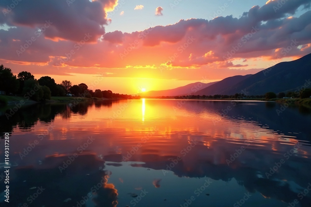 Fototapeta premium Reflection of sunset on the Cabedelo River surface, calming atmosphere, reflective surface