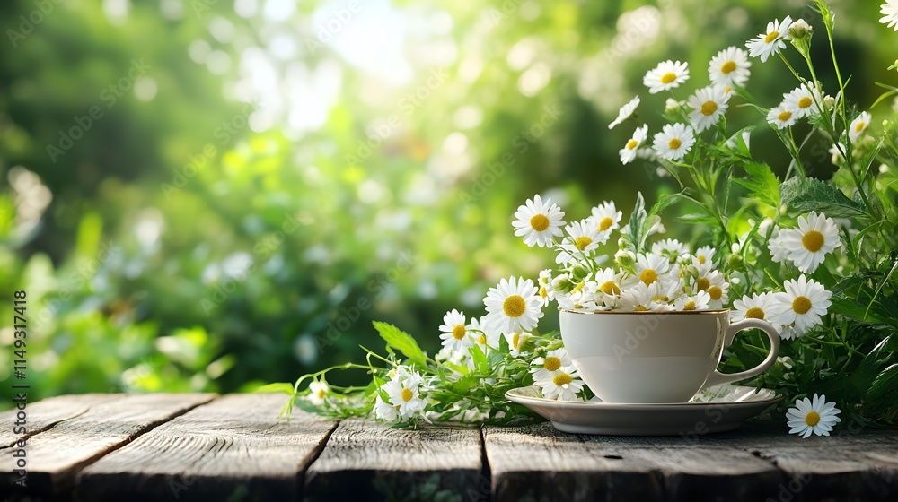 Daisies in a Teacup on a Wooden Table Outdoors Daisies in a Teacup on a Wooden Table Outdoors
