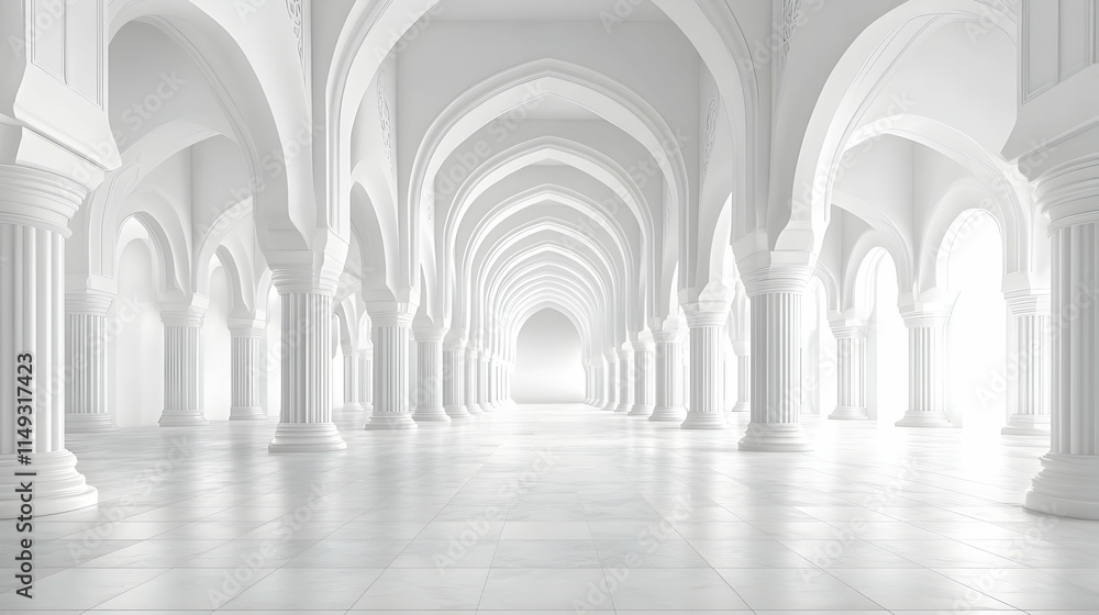 Obraz premium A serene white architectural space featuring arches and columns, evoking tranquility.