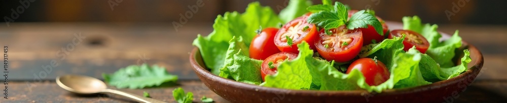 Salada de alface com salaminho e tomate fresco, frutas verdes, servir ao ar livre Salada de alface com salaminho e tomate fresco, frutas verdes, servir ao ar livre
