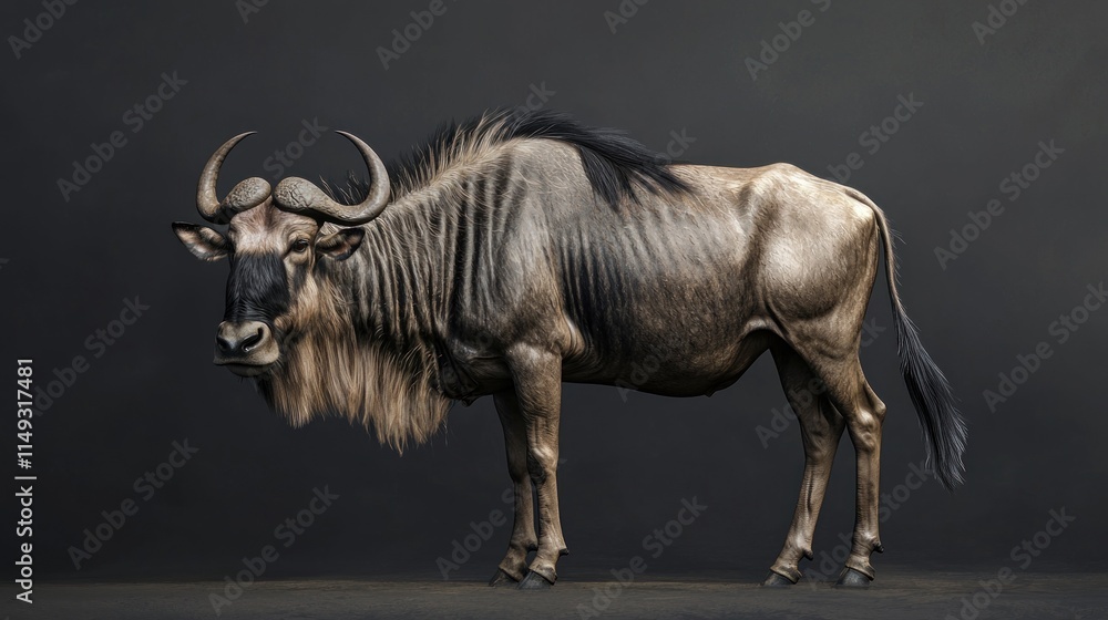 Fototapeta premium Detailed and Majestic Portrait of a Wildebeest Against a Dark Background