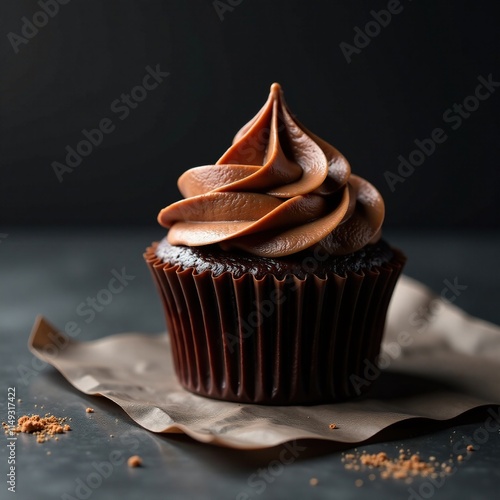 Rich dark chocolate cupcake on sleek black background, paper, decadent photo