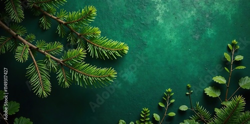 Fir branch against dark emerald wall with moss and ferns, greenery, forest, branches