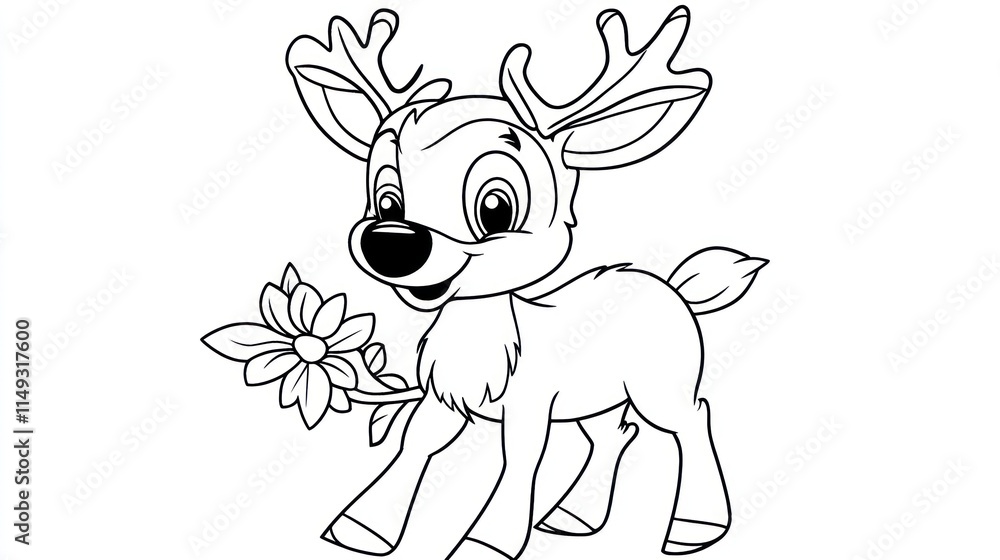 Obraz premium Happy Caribou with Flower: Children's Coloring Book Page