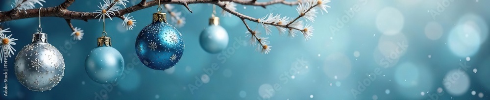 Fototapeta premium Isolated silver and blue spheres hanging from a twigs and branches, festive, ornaments