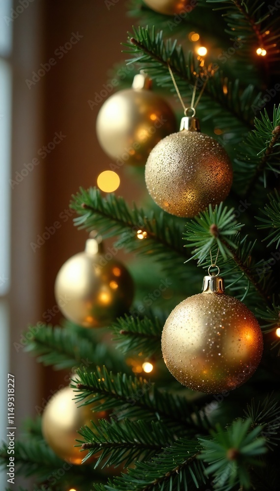 Sparkling Gold and Silver Ornaments on a Christmas Tree,, holiday decor, gold ornaments Sparkling Gold and Silver Ornaments on a Christmas Tree,, holiday decor, gold ornaments
