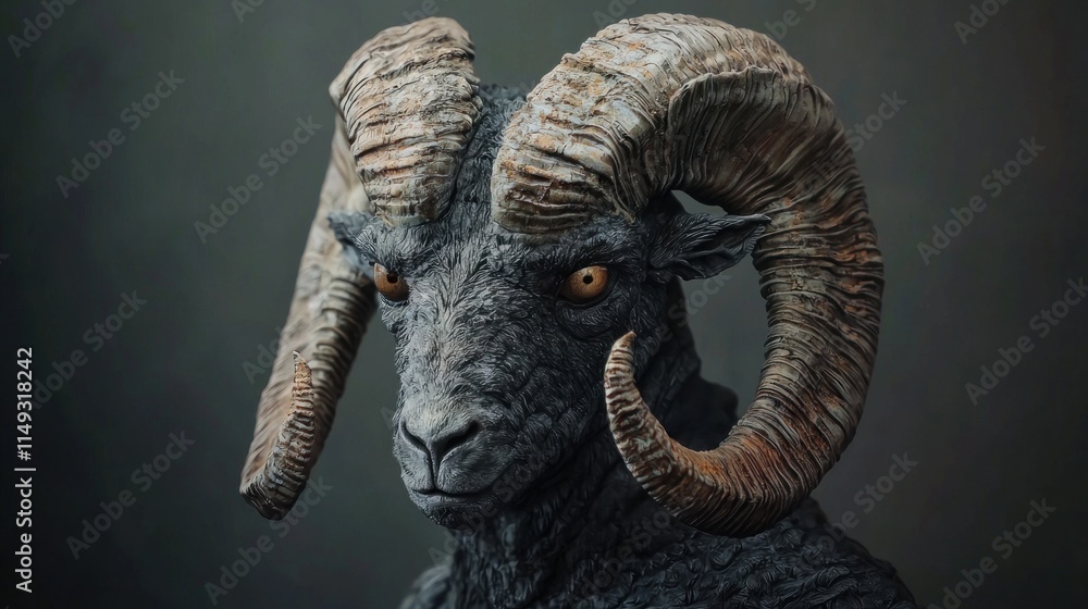 Close-Up of a Majestic Ram Sculpture with Intricate Details and Realistic Textures for Art and Design Purposes Close-Up of a Majestic Ram Sculpture with Intricate Details and Realistic Textures for Art and Design Purposes