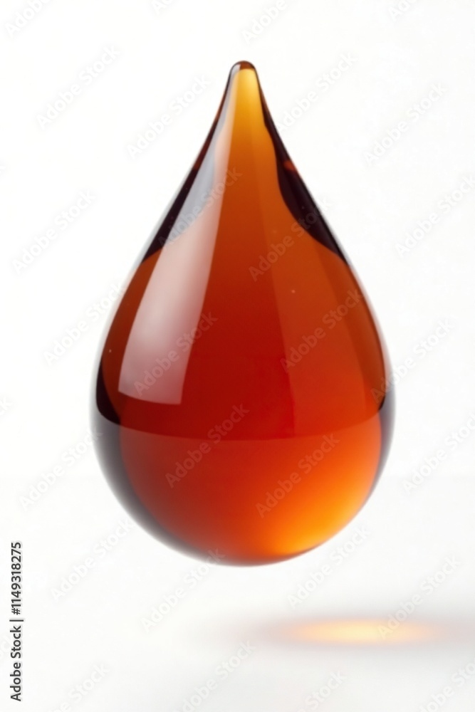 Fototapeta premium Isolated single droplet of dark brown honey suspended above plain white background, earthy, texture