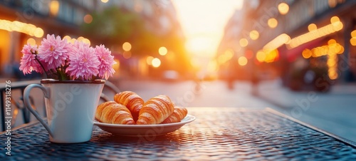 Charming outdoor breakfast with croissants and flowers paris street food photography morning light inviting atmosphere photo