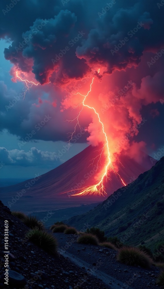 Fototapeta premium Thunderstorm with lightning in volcanic landscape, lightning, volcano, thunder