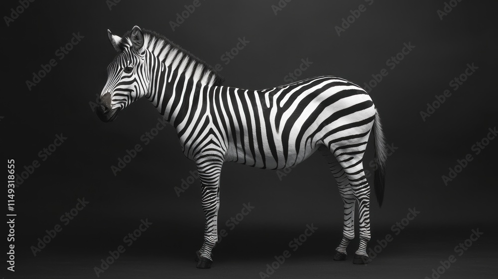 Fototapeta premium Striking Full Body Zebra Against Dark Background Showcasing Unique Black and White Stripes and Ideal for Wildlife Photography Displays