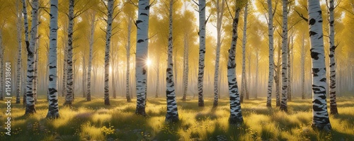 The soft colors of sunrise illuminate a birch forest with yellow flowers, soft sunrise, forest floor, yellow wildflowers