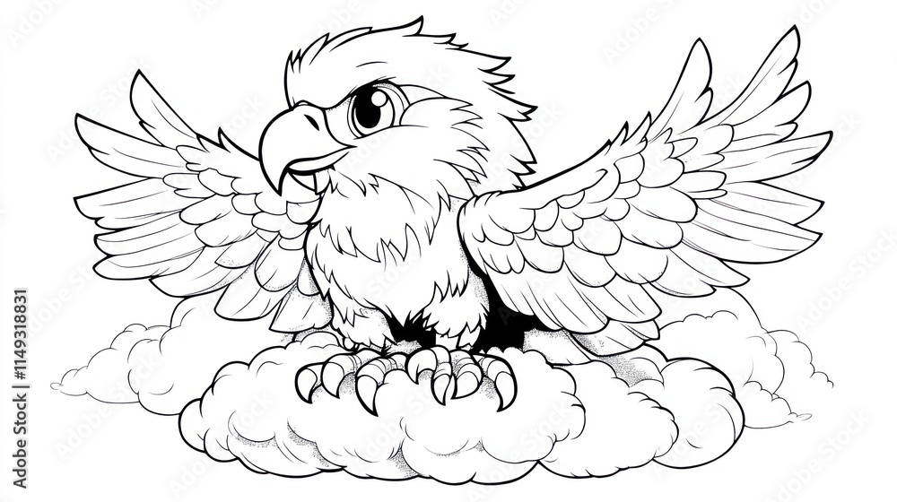 Fototapeta premium Cartoon Eagle Napping on Cloud - Children's Coloring Book Page