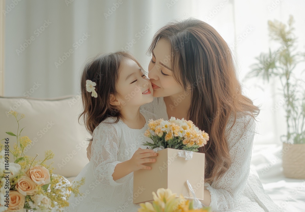 Asian daughter kissing mom on cheek for Mother's Day, sitting in living room at home with flowers and gift box Asian daughter kissing mom on cheek for Mother's Day, sitting in living room at home with flowers and gift box