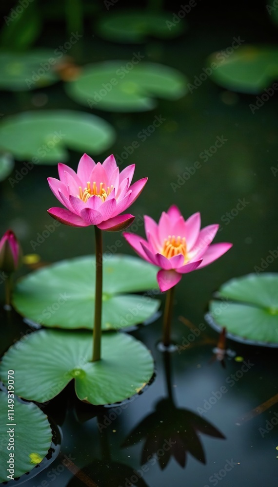 Water lilies and reeds growing in the murky pond, water lilies, Water lilies and reeds growing in the murky pond, water lilies,
