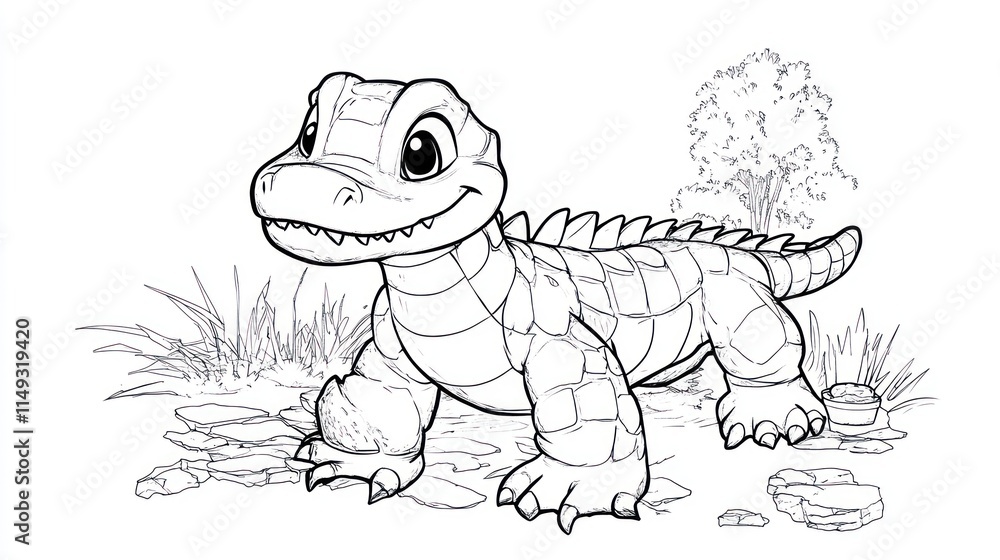Obraz premium Cute Cartoon Alligator with Snack - Children's Coloring Book Page