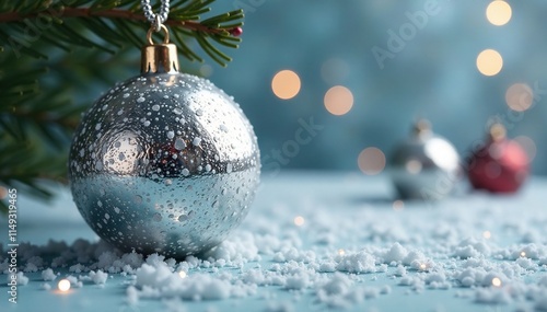 Shiny Christmas Ball on a Metallic Silver Background, frosty scene, festive decoration, metallic silver photo