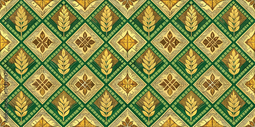 Vibrant geometric pattern featuring golden leaves and floral designs against a rich green backdrop.