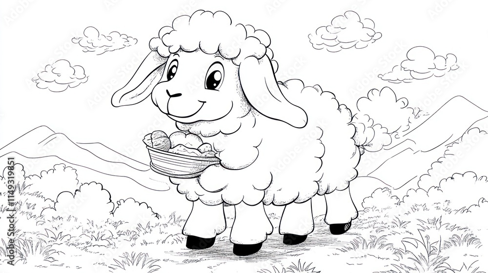 Obraz premium Cartoon Sheep with Snack - Coloring Page for Kids