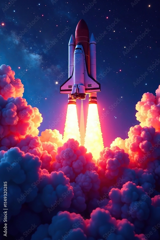 Fototapeta premium Space shuttle takes off with a burst of colorful neon lights, neon lights, vibrant, galaxy