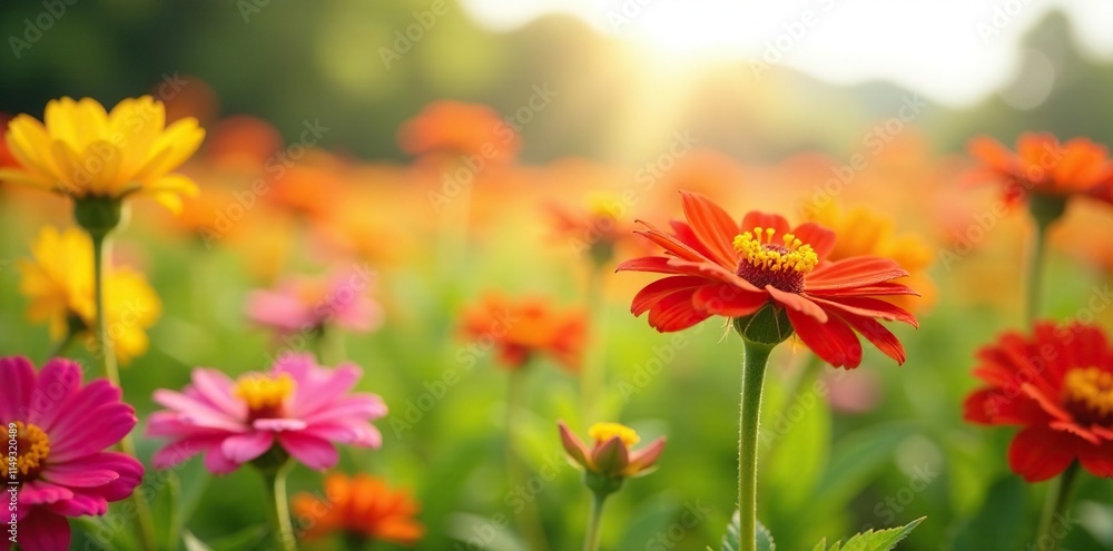 Colorful zinnia flowers swaying in a sunny meadow, sunflowers, nature, colorful blooms Colorful zinnia flowers swaying in a sunny meadow, sunflowers, nature, colorful blooms