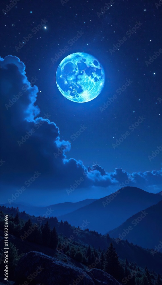 Deeply atmospheric starry night scene featuring a glowing blue moon in the distance, atmosphere, stars, cosmic rays Deeply atmospheric starry night scene featuring a glowing blue moon in the distance, atmosphere, stars, cosmic rays