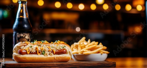 Delicious hot dog with fries and soda. photo